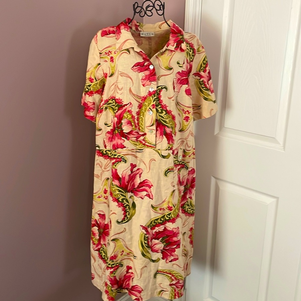 Vtg  Match Button Front Linen Maxi Dress USA Floral Lagenlook